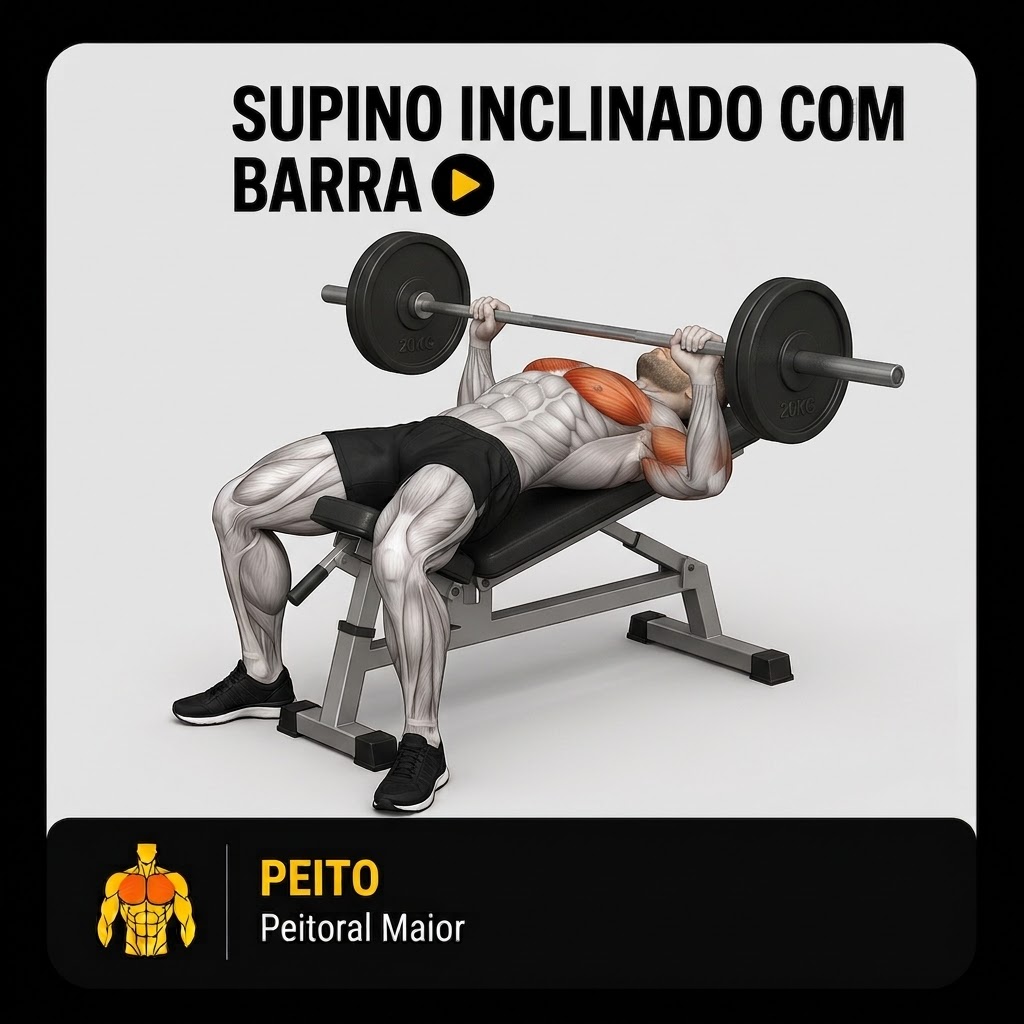 Supino inclinado com barra, peitoral maior