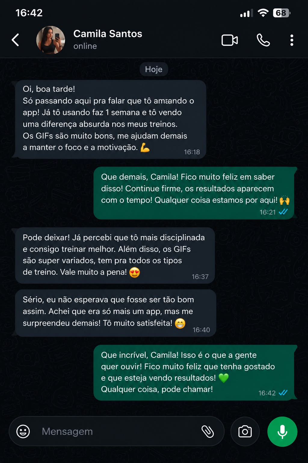 Print do depoimento de Camila Santos