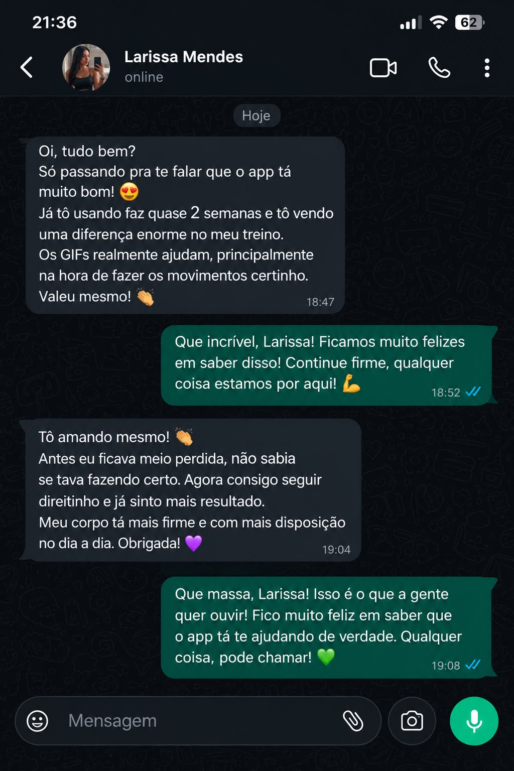 Print do depoimento de Larissa Mendes